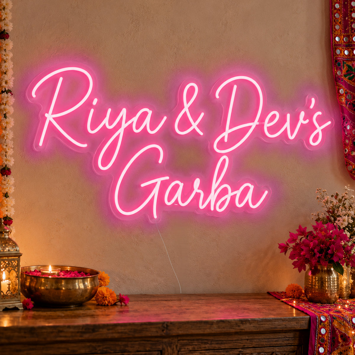 Personalised Garba Neon Sign in rose red LED neon on clear acrylic, angled view
