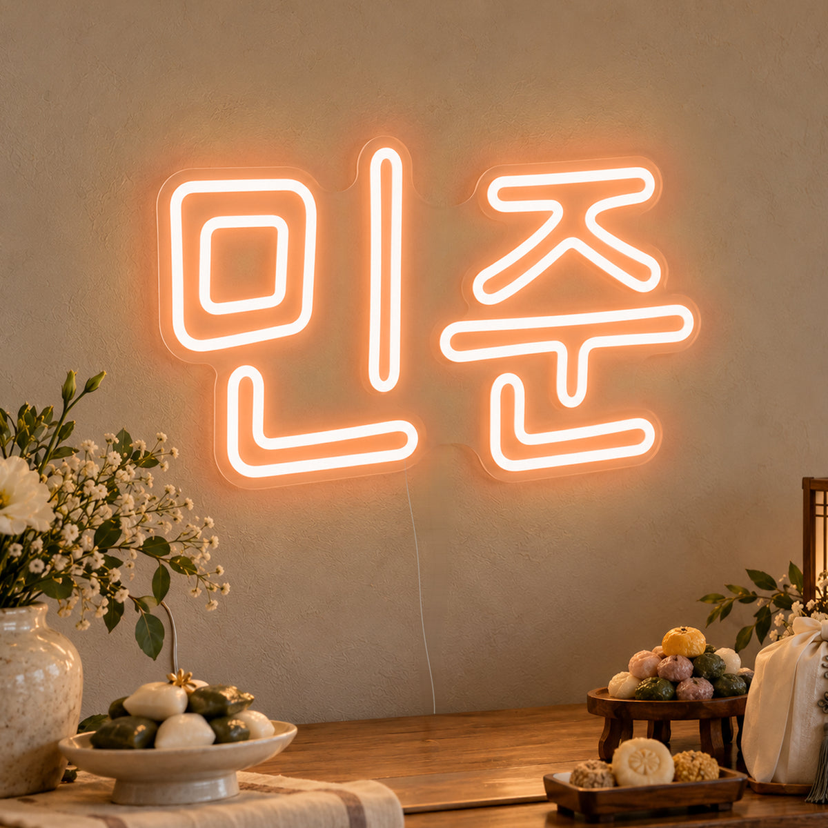 Personalised Hangul Name Neon Sign in orange LED neon on clear acrylic, angled view