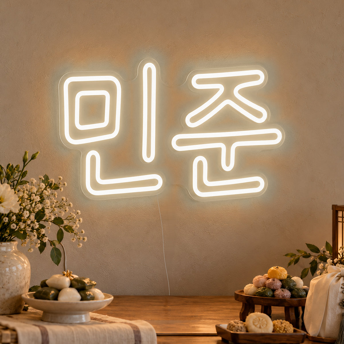 Personalised Hangul Name Neon Sign in warm white LED neon on clear acrylic, angled view