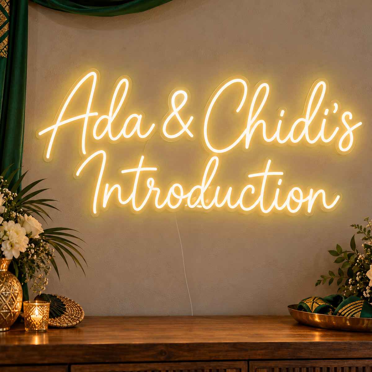 Personalised Introduction Neon Sign in gold LED neon on clear acrylic, angled view