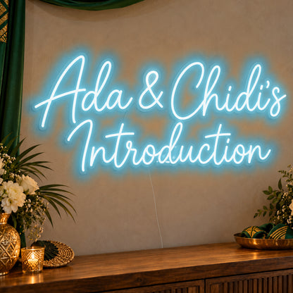 Personalised Introduction Neon Sign in ice blue LED neon on clear acrylic, angled view