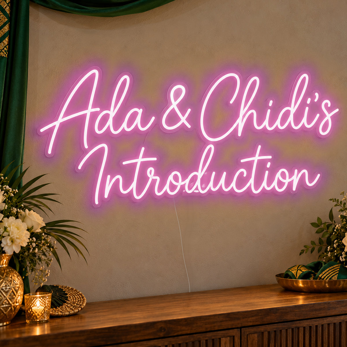 Personalised Introduction Neon Sign in pink LED neon on clear acrylic, angled view