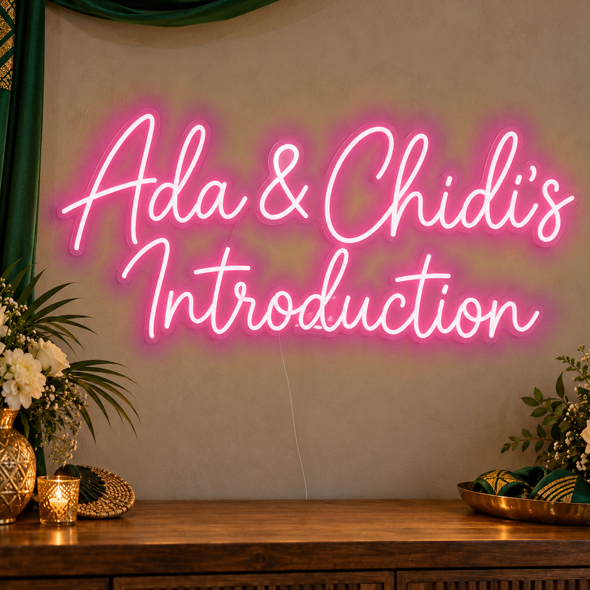 Personalised Introduction Neon Sign in rose red LED neon on clear acrylic, angled view