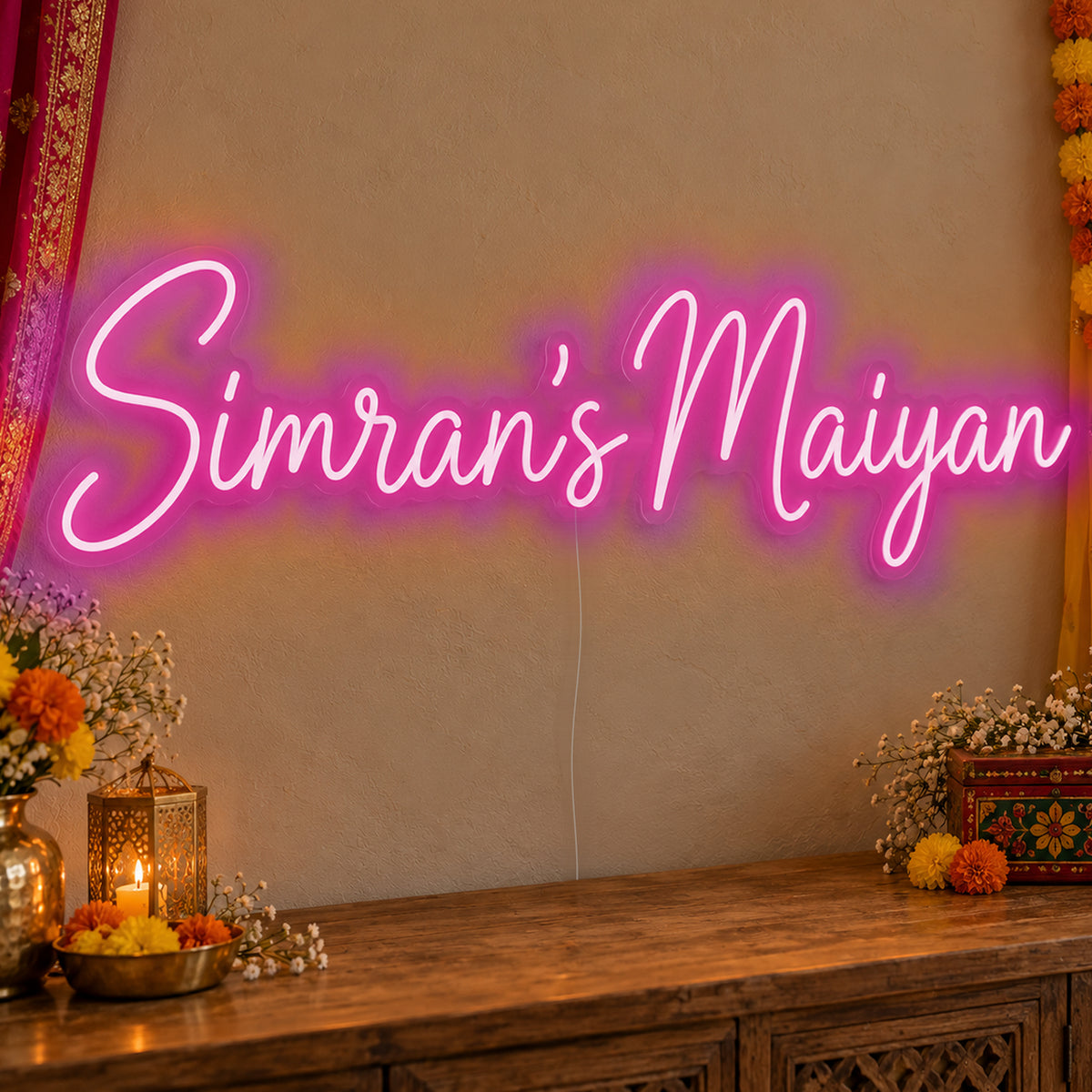 Personalised Maiyan Neon Sign in pink LED neon on clear acrylic, angled view