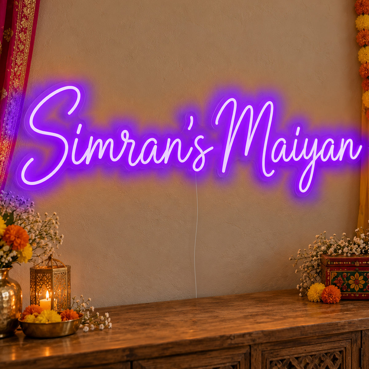 Personalised Maiyan Neon Sign in purple LED neon on clear acrylic, angled view