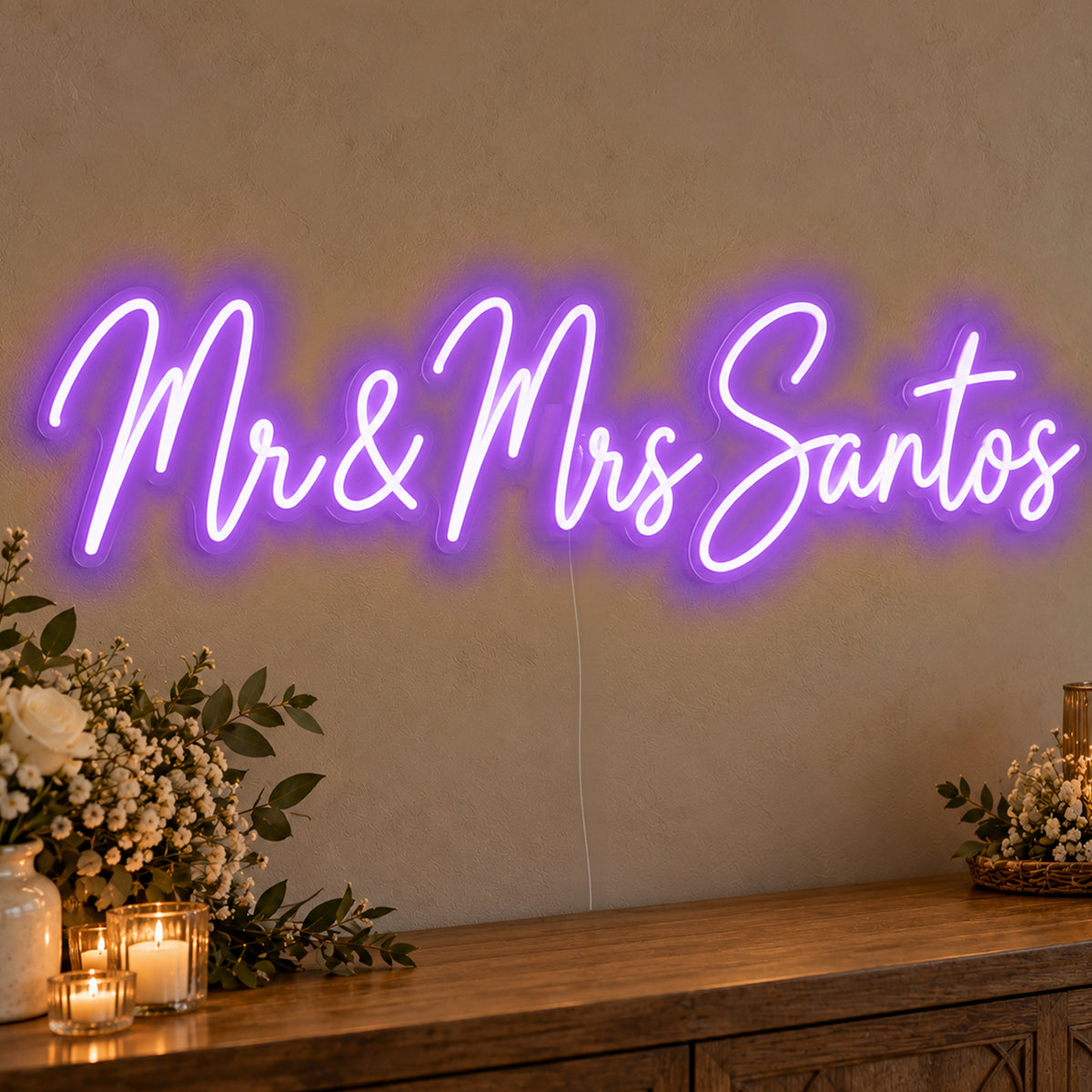Personalised Mr & Mrs Surname Neon Sign in purple LED neon on clear acrylic, angled view