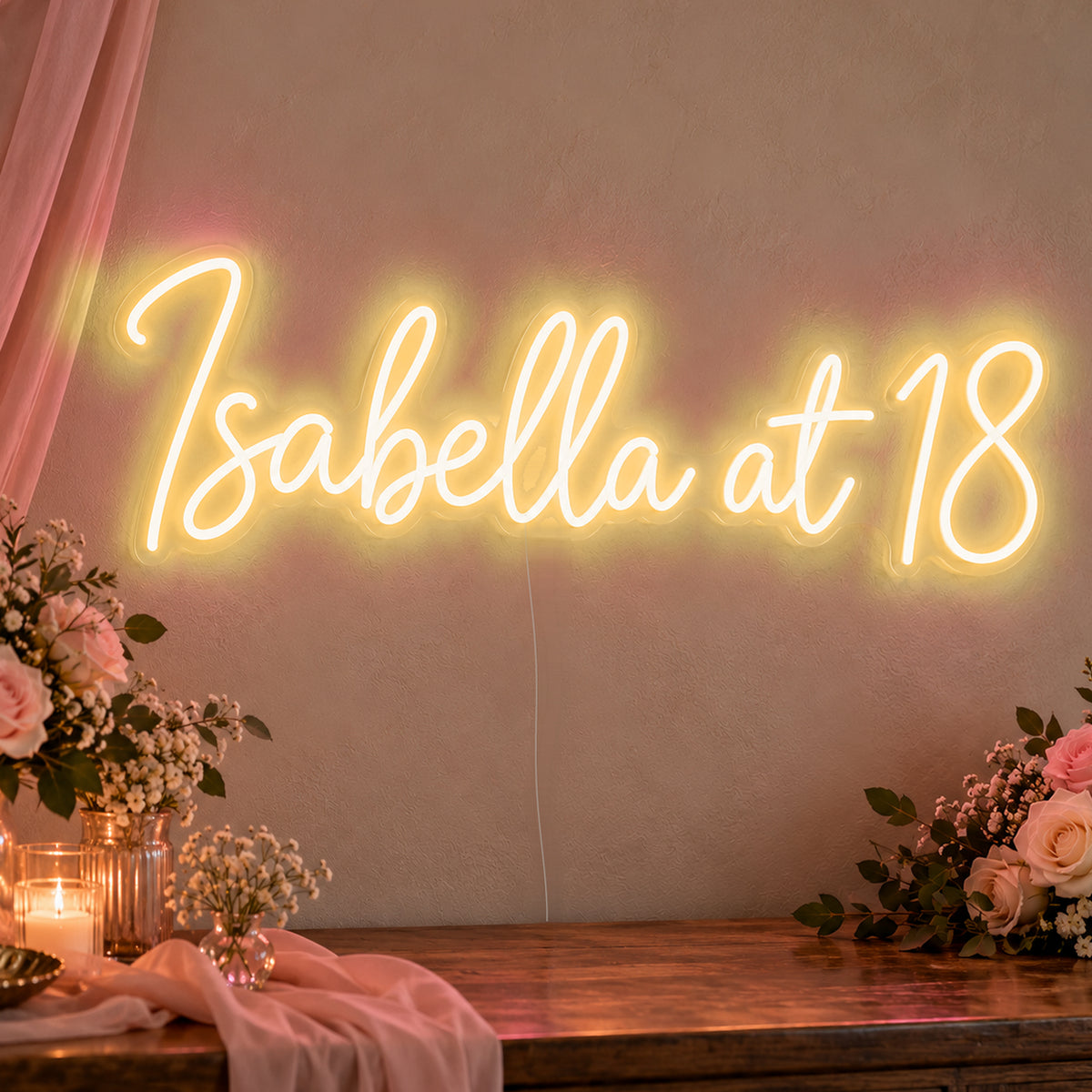 Personalised Name At 18 Neon Sign in gold LED neon on clear acrylic, angled view
