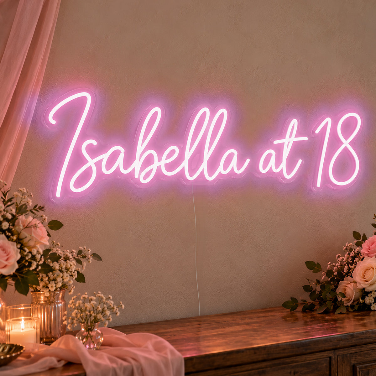 Personalised Name At 18 Neon Sign in pink LED neon on clear acrylic, angled view