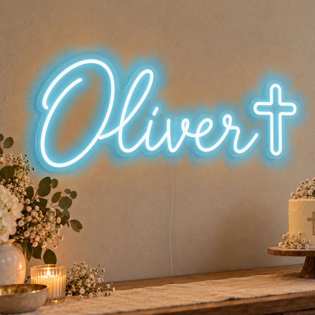 Personalised Name Cross Neon Sign in ice blue LED neon on clear acrylic, angled view