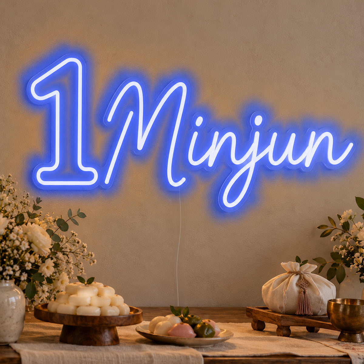Personalised Name One Neon Sign in blue LED neon on clear acrylic, angled view