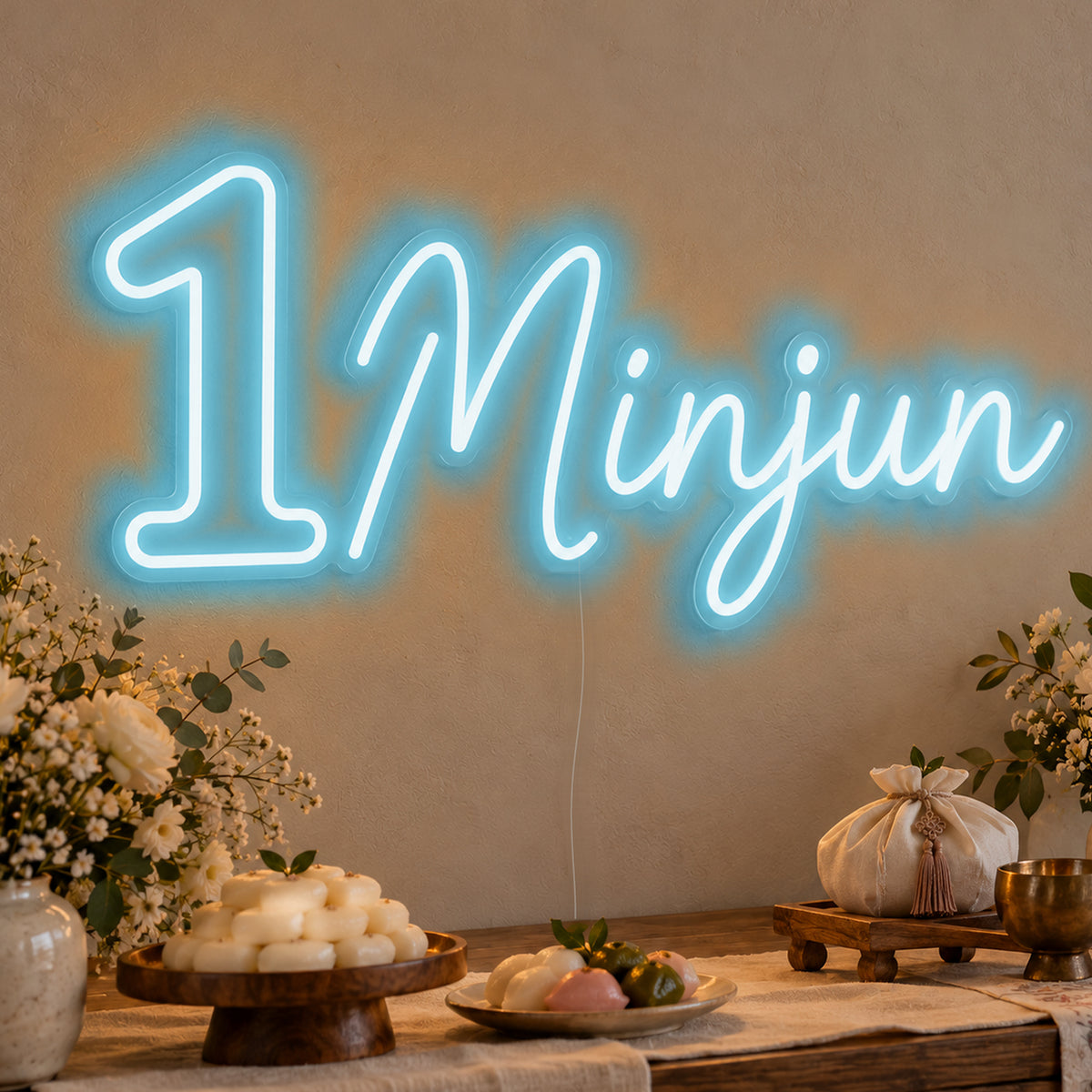Personalised Name One Neon Sign in ice blue LED neon on clear acrylic, angled view