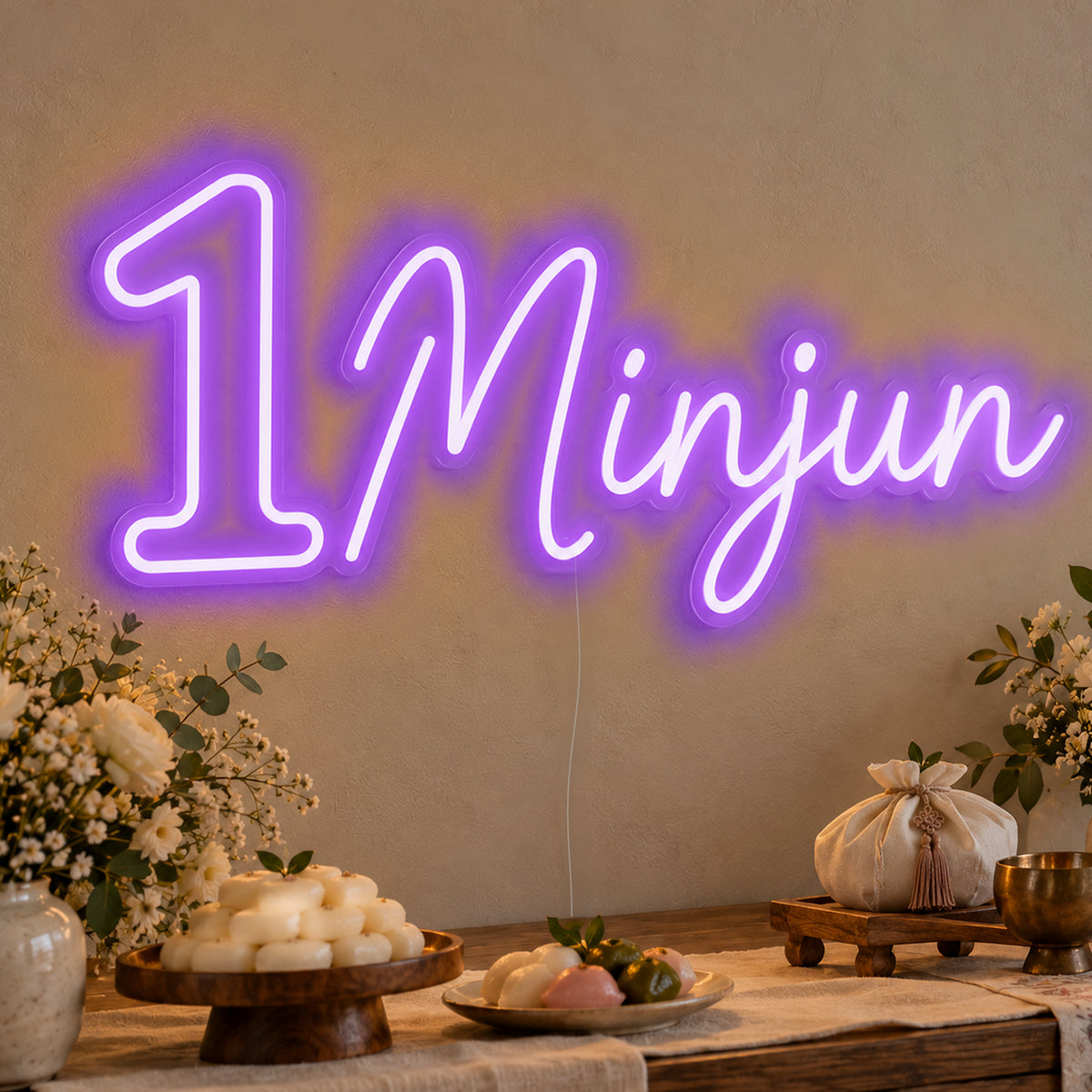 Personalised Name One Neon Sign in purple LED neon on clear acrylic, angled view