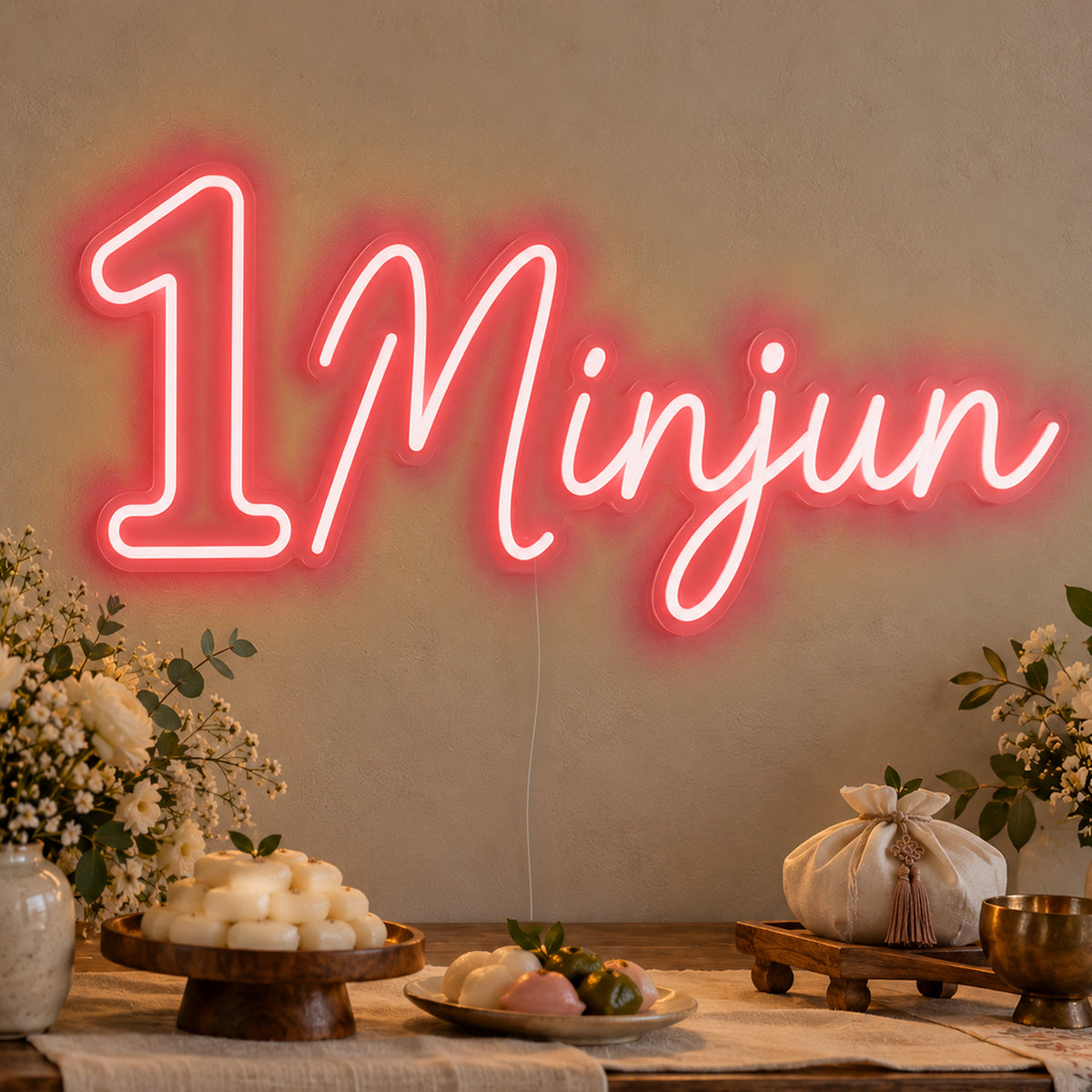Personalised Name One Neon Sign in red LED neon on clear acrylic, angled view