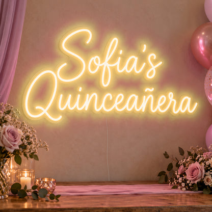 Personalised Quinceañera Neon Sign in gold LED neon on clear acrylic, angled view