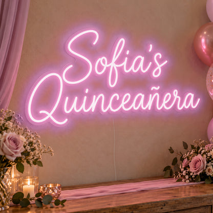 Personalised Quinceañera Neon Sign in pink LED neon on clear acrylic, angled view