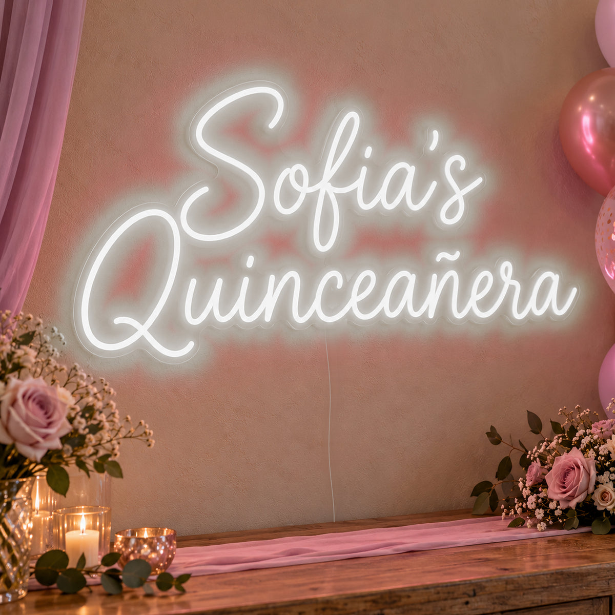 Personalised Quinceañera Neon Sign in white LED neon on clear acrylic, angled view
