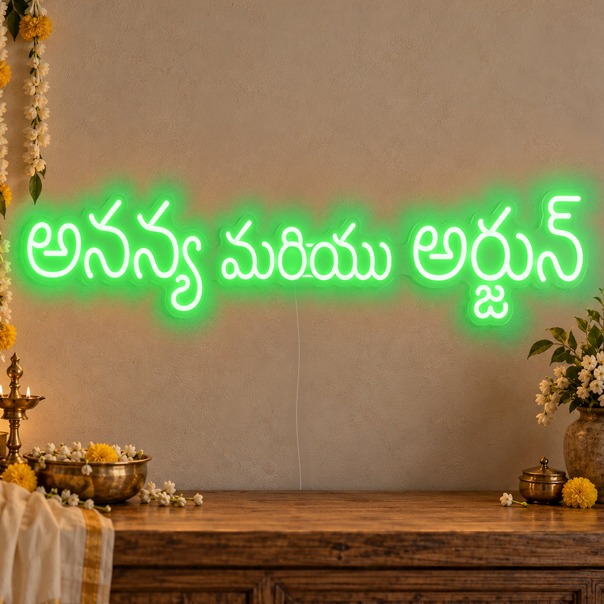 Personalised Telugu Couple Names Neon Sign in green LED neon on clear acrylic, angled view