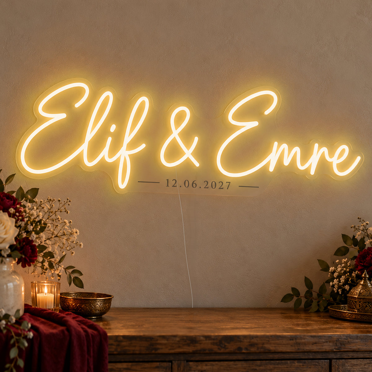 Personalised Turkish Names Date Neon Sign in gold LED neon on clear acrylic, angled view