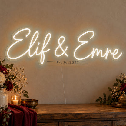 Personalised Turkish Names Date Neon Sign in warm white LED neon on clear acrylic, angled view