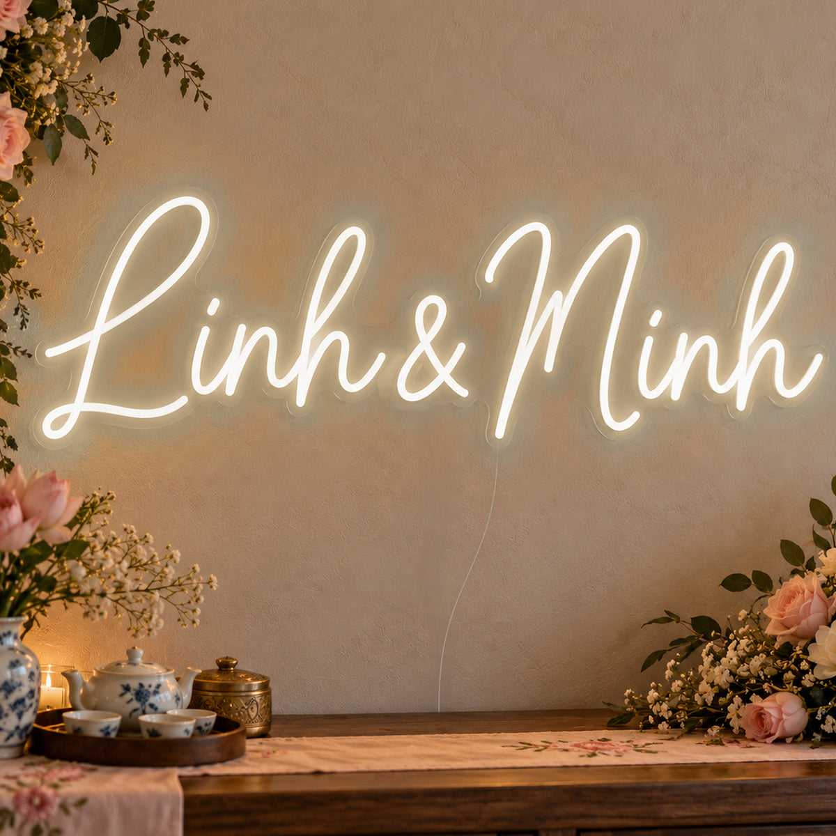Personalised Vietnamese Couple Names Neon Sign in warm white LED neon on clear acrylic, angled view