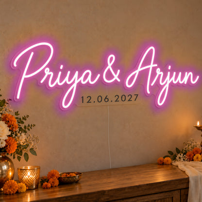 Personalised Wedding Date Neon Sign in pink LED neon on clear acrylic, angled view
