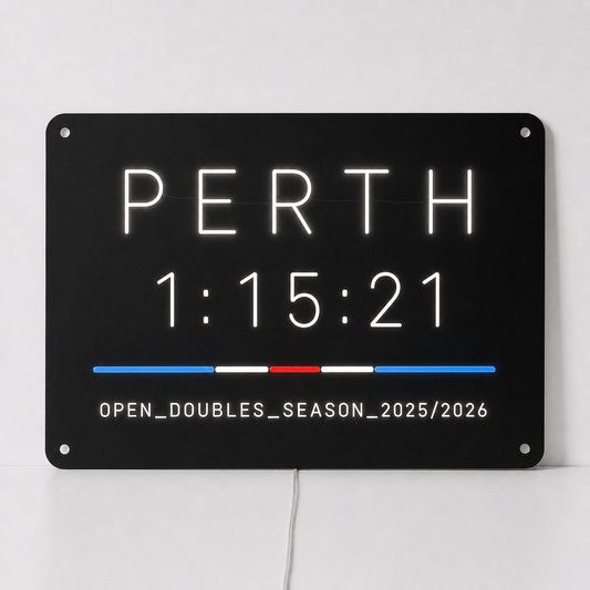 Custom hybrid race finish time LED neon sign shown with Perth, a personalised finish time and a division and season line in white neon on black acrylic