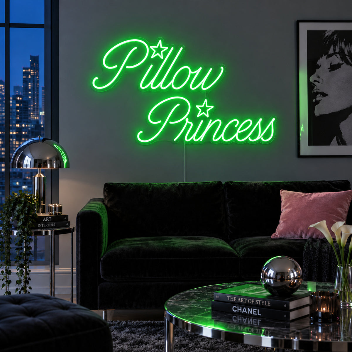 Pillow Princess Neon Sign with green lighting, displayed with star details above a dark purple sofa.