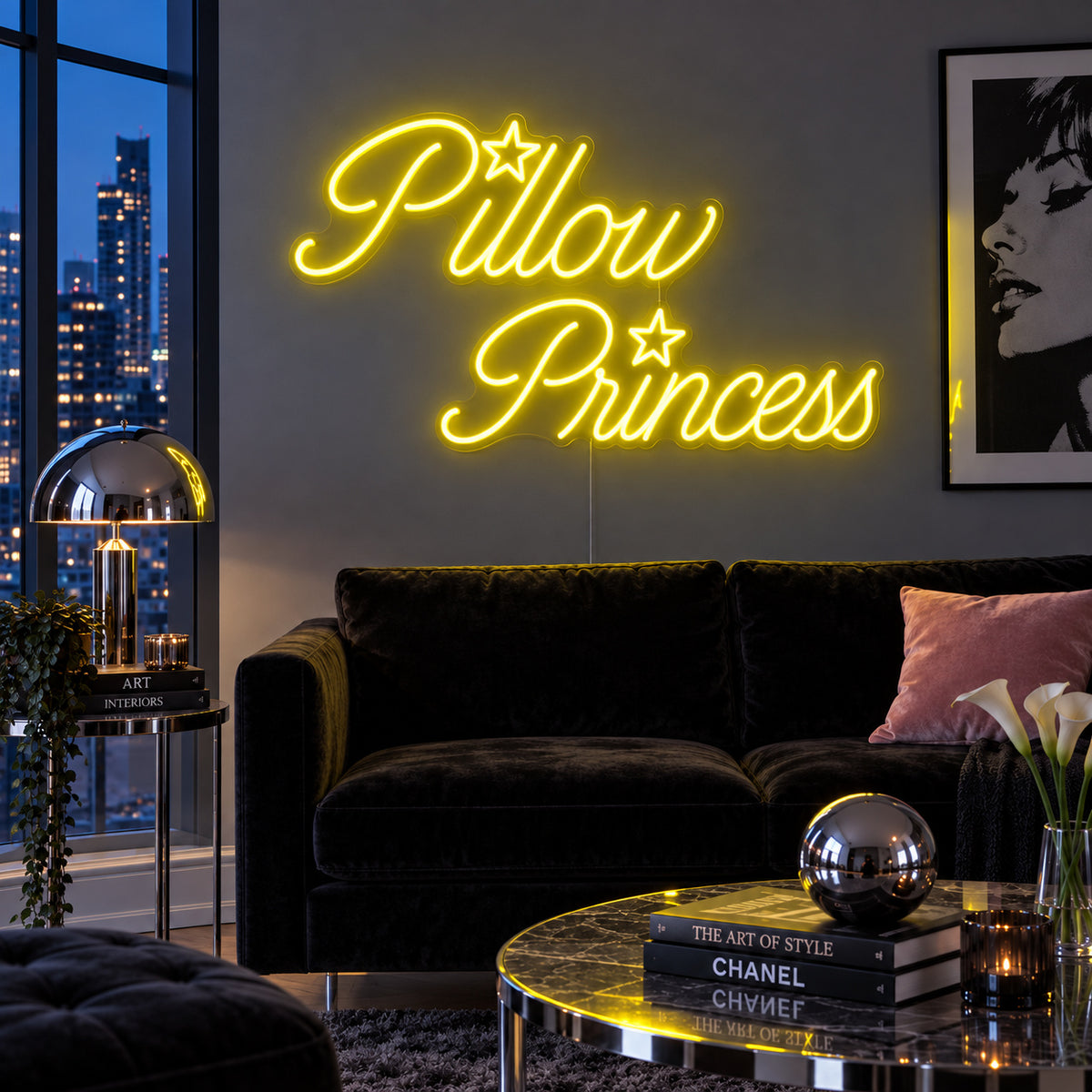 Pillow Princess Neon Sign with yellow lighting, displayed with star details above a dark purple sofa.