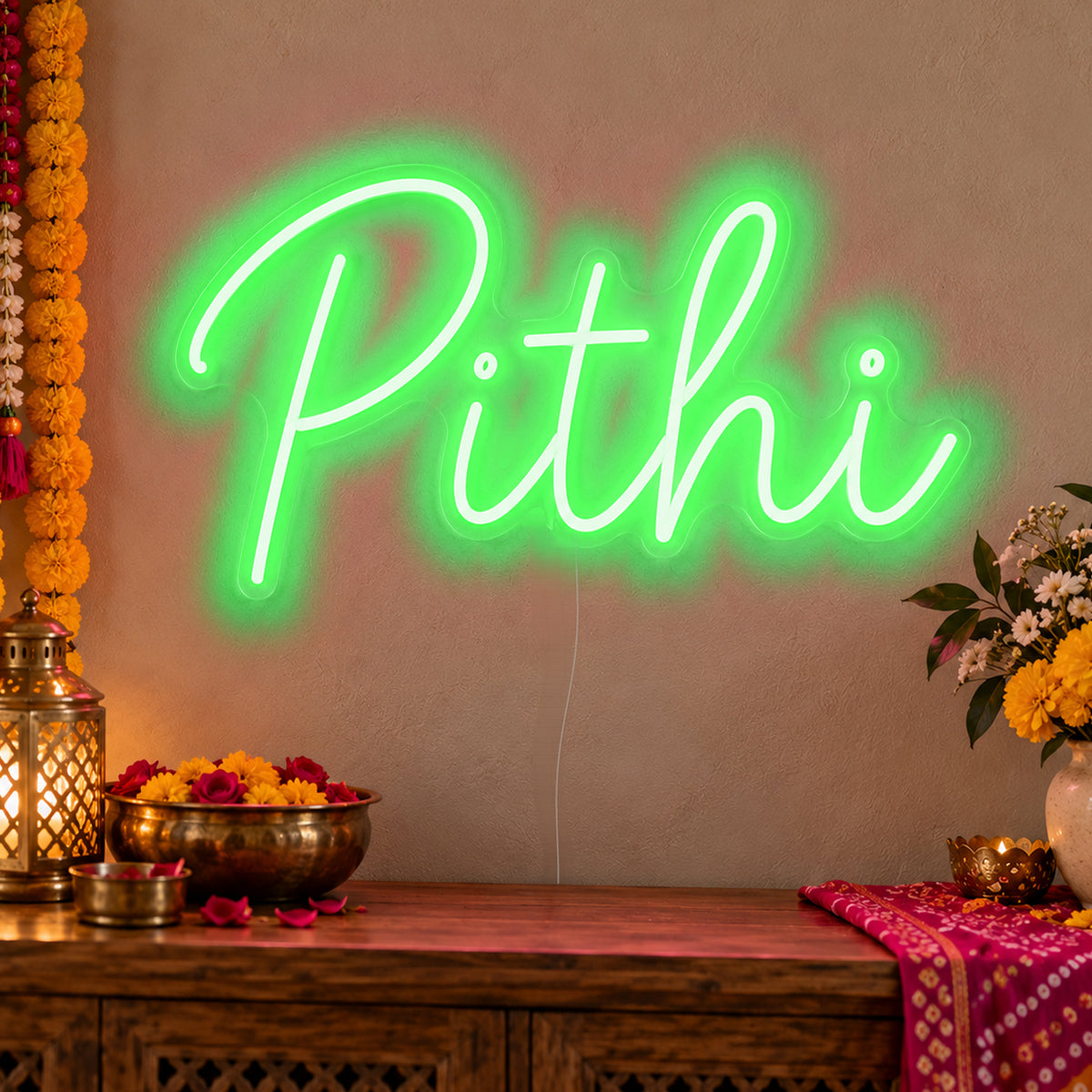 Pithi Neon Sign in green LED neon on clear acrylic, angled view