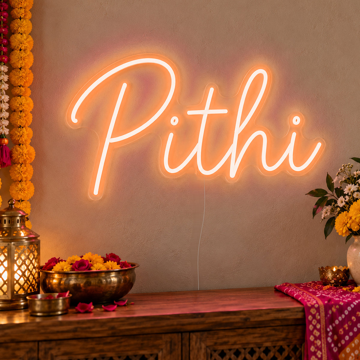 Pithi Neon Sign in orange LED neon on clear acrylic, angled view