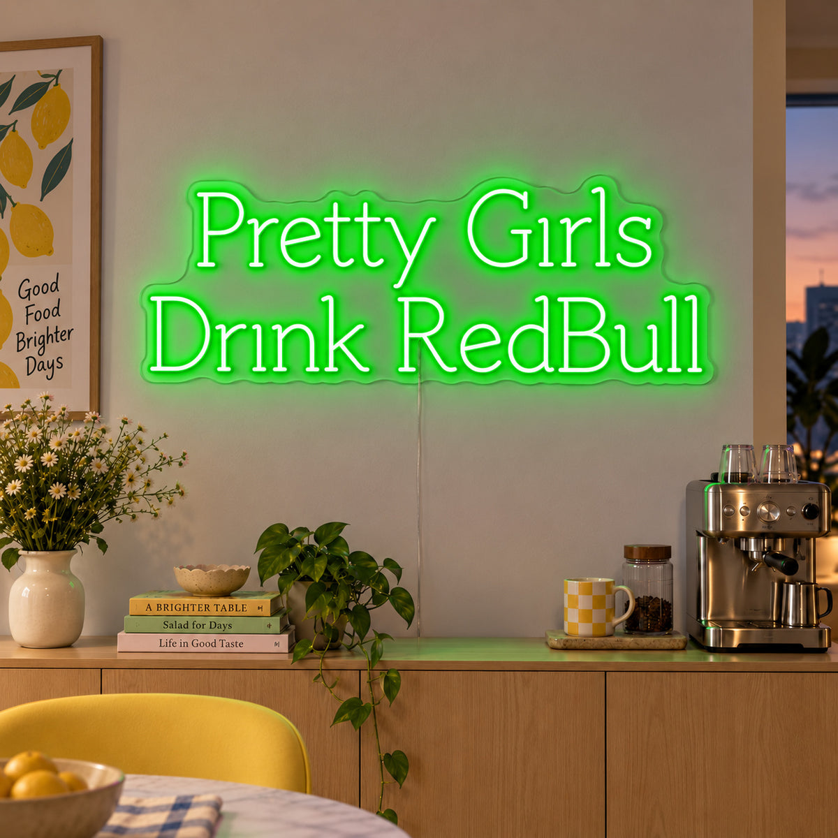 Pretty Girls Drink RedBull Neon Sign with green lighting, displayed above a kitchen counter.