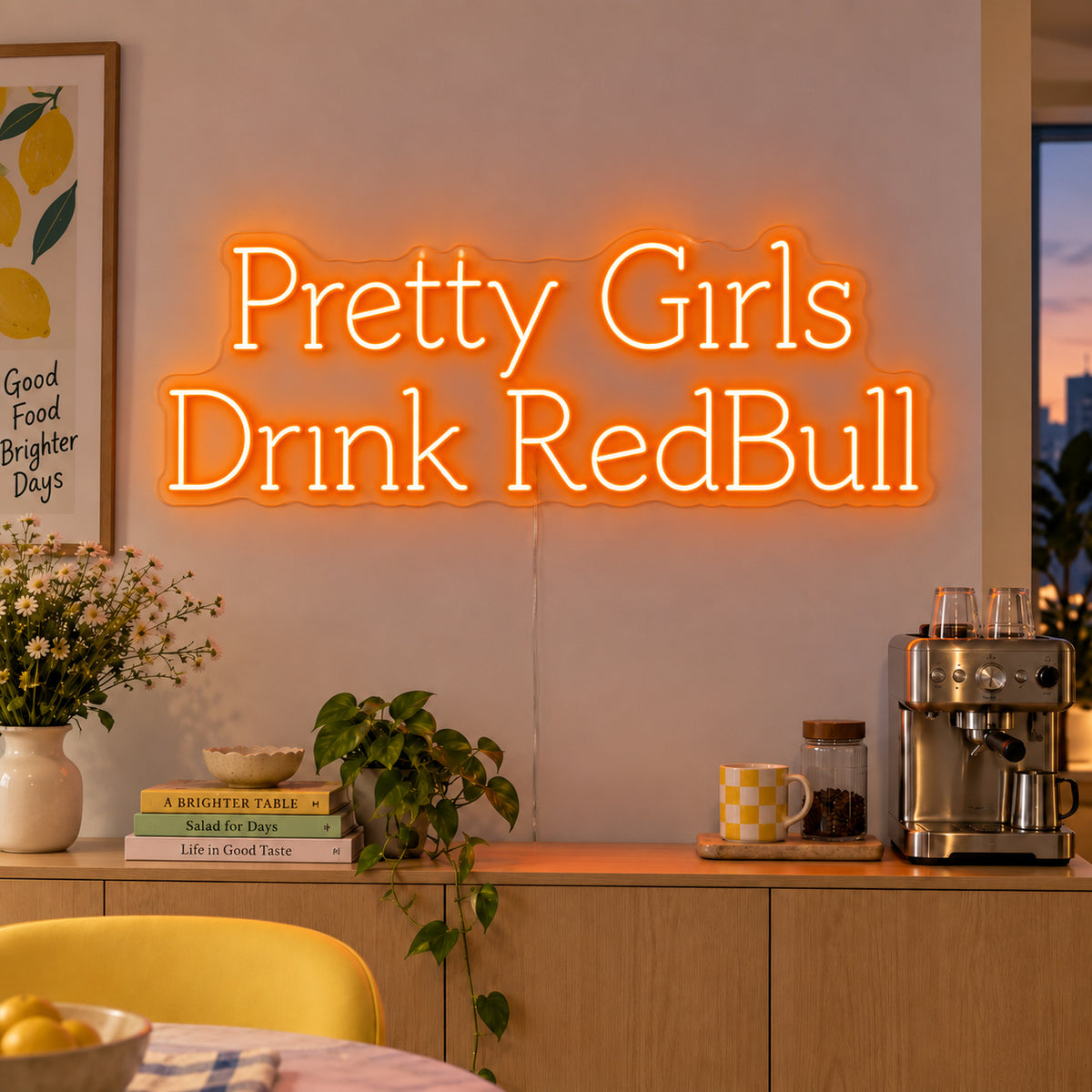 Orange version of the Pretty Girls Drink RedBull Neon Sign, shown above a kitchen counter.