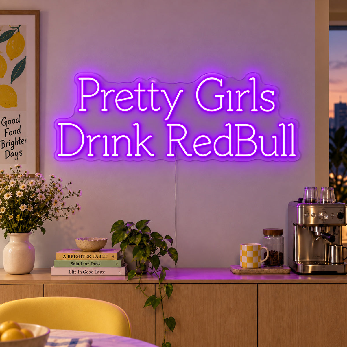 Pretty Girls Drink RedBull Neon Sign with purple lighting, displayed above a kitchen counter.