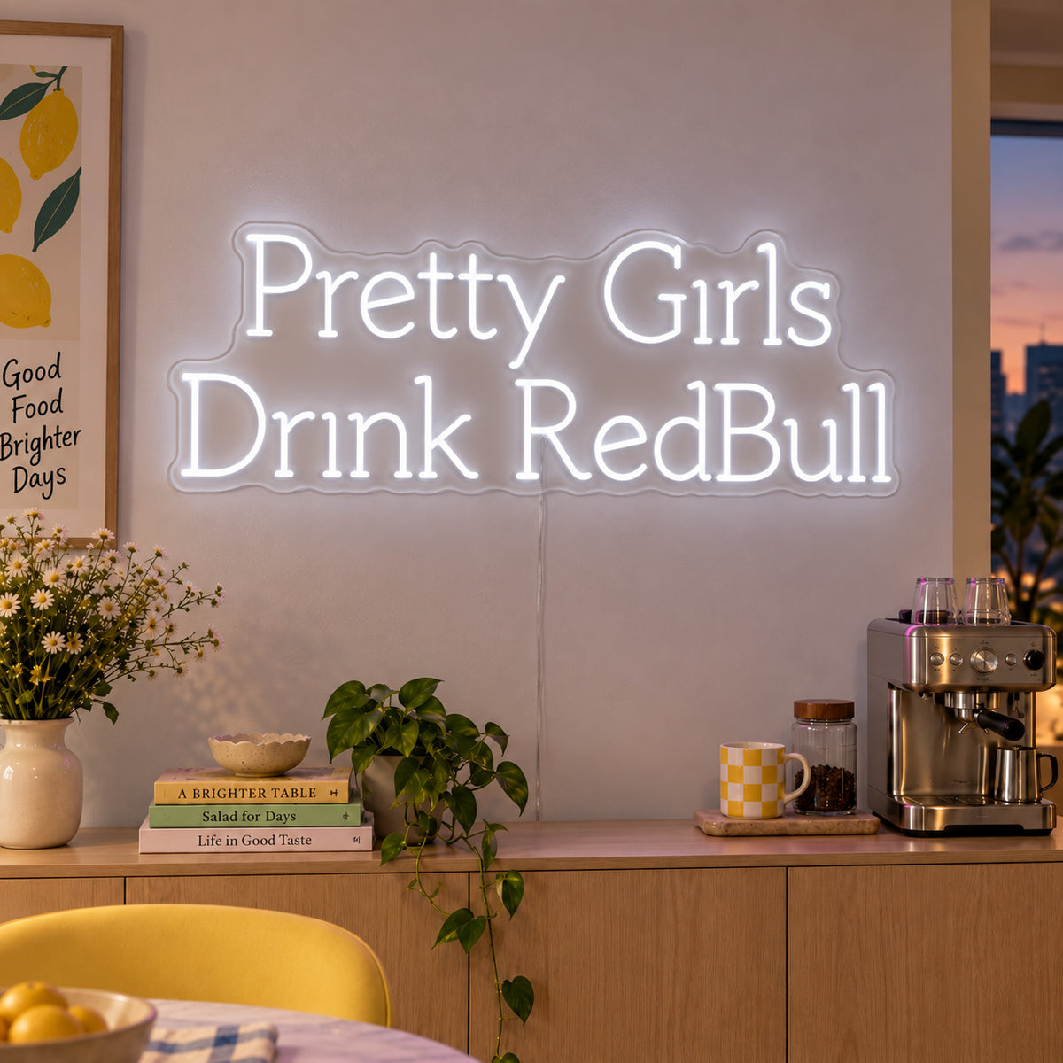 Pretty Girls Drink RedBull Neon Sign glowing white above a kitchen counter.