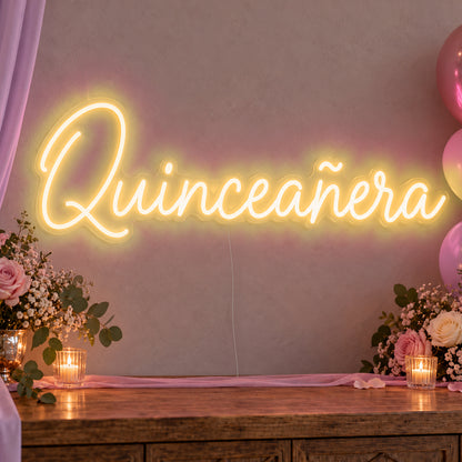 Quinceañera Neon Sign in gold LED neon on clear acrylic, angled view