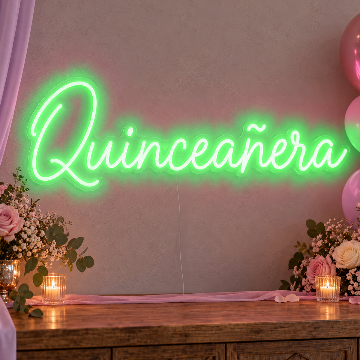 Quinceañera Neon Sign in green LED neon on clear acrylic, angled view