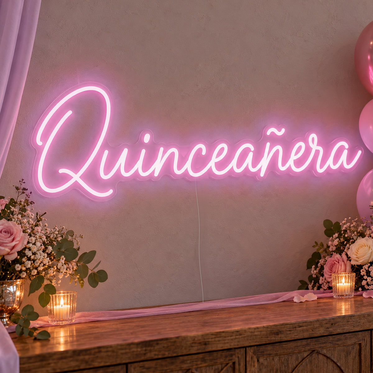 Quinceañera Neon Sign in pink LED neon on clear acrylic, angled view