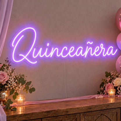 Quinceañera Neon Sign in purple LED neon on clear acrylic, angled view