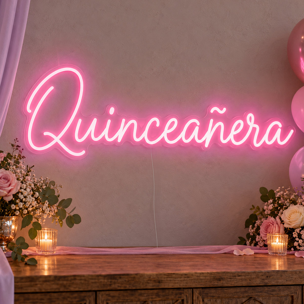 Quinceañera Neon Sign in rose red LED neon on clear acrylic, angled view