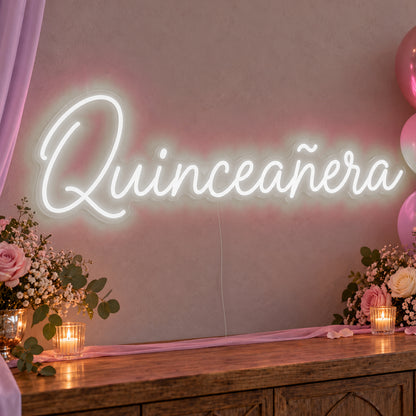 Quinceañera Neon Sign in white LED neon on clear acrylic, angled view
