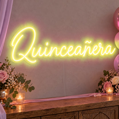Quinceañera Neon Sign in yellow LED neon on clear acrylic, angled view