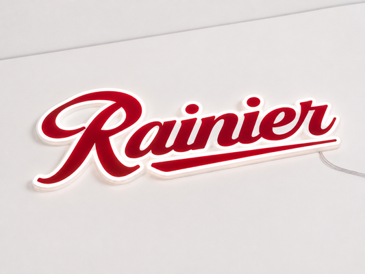 Rainier beer LED neon sign with red script lettering glowing white