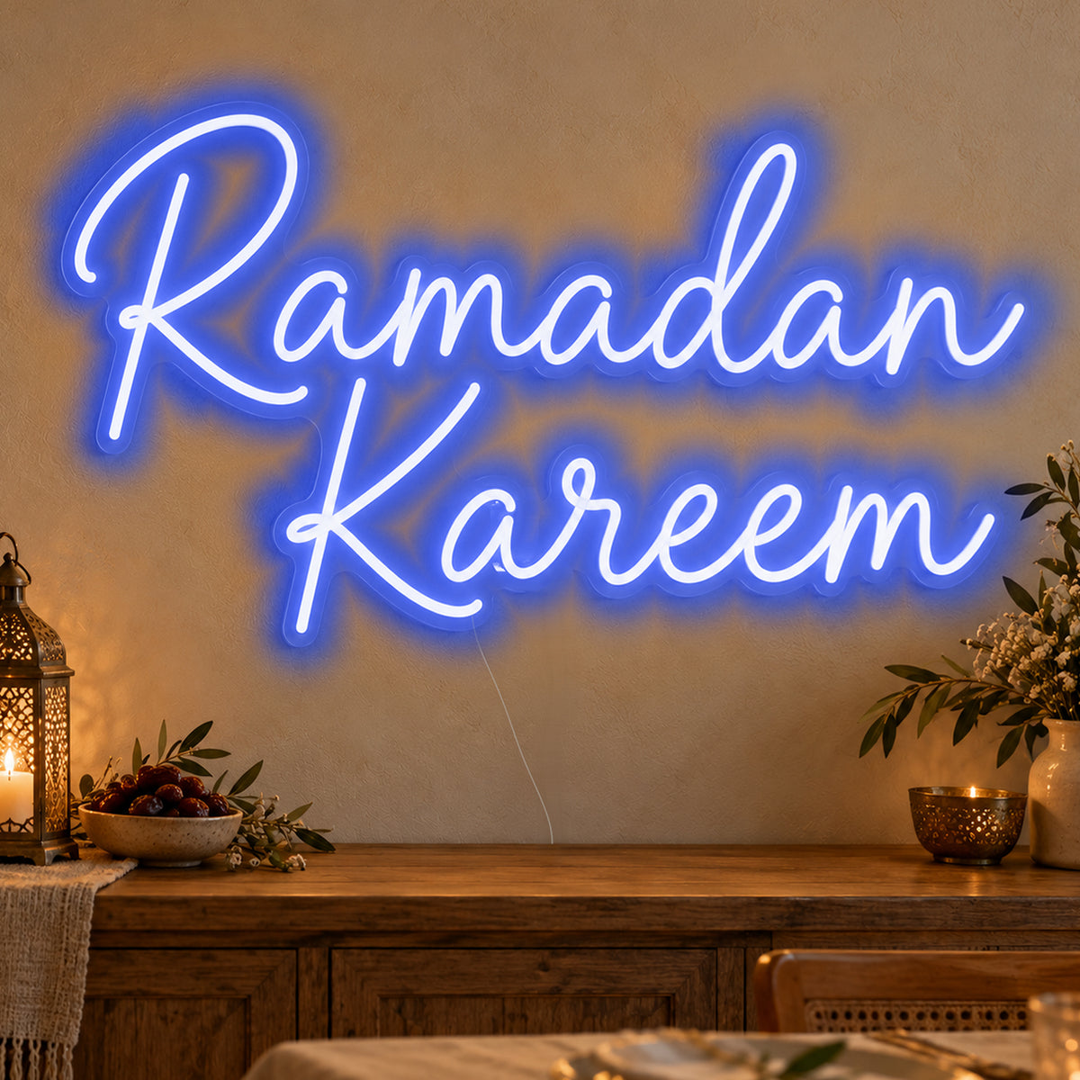 Ramadan Kareem Neon Sign in blue LED neon on clear acrylic, angled view