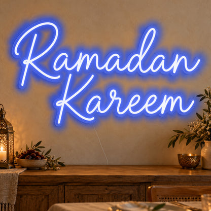 Ramadan Kareem Neon Sign in blue LED neon on clear acrylic, angled view