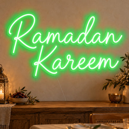 Ramadan Kareem Neon Sign in green LED neon on clear acrylic, angled view