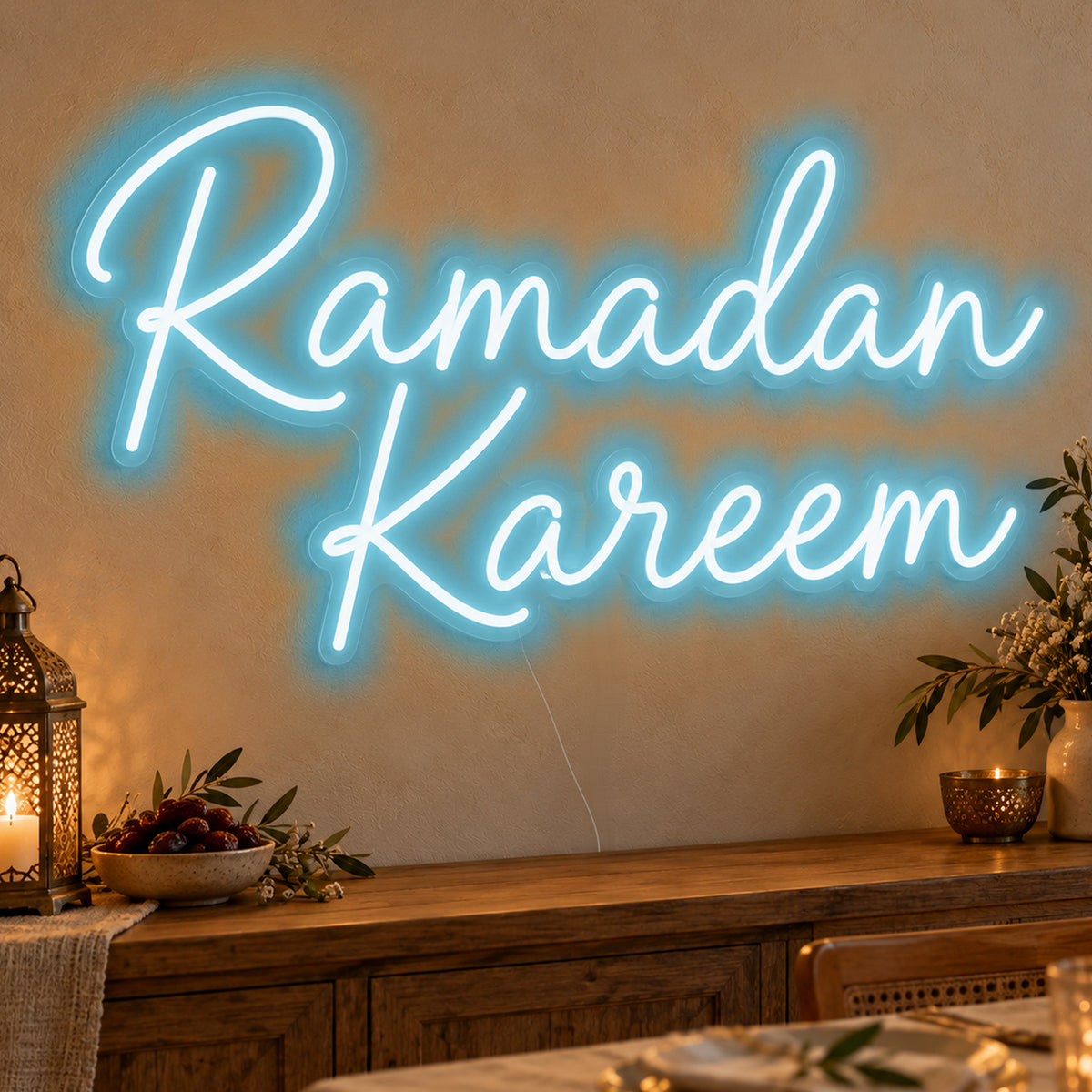 Ramadan Kareem Neon Sign in ice blue LED neon on clear acrylic, angled view