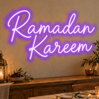 Ramadan Kareem Neon Sign in purple LED neon on clear acrylic, angled view