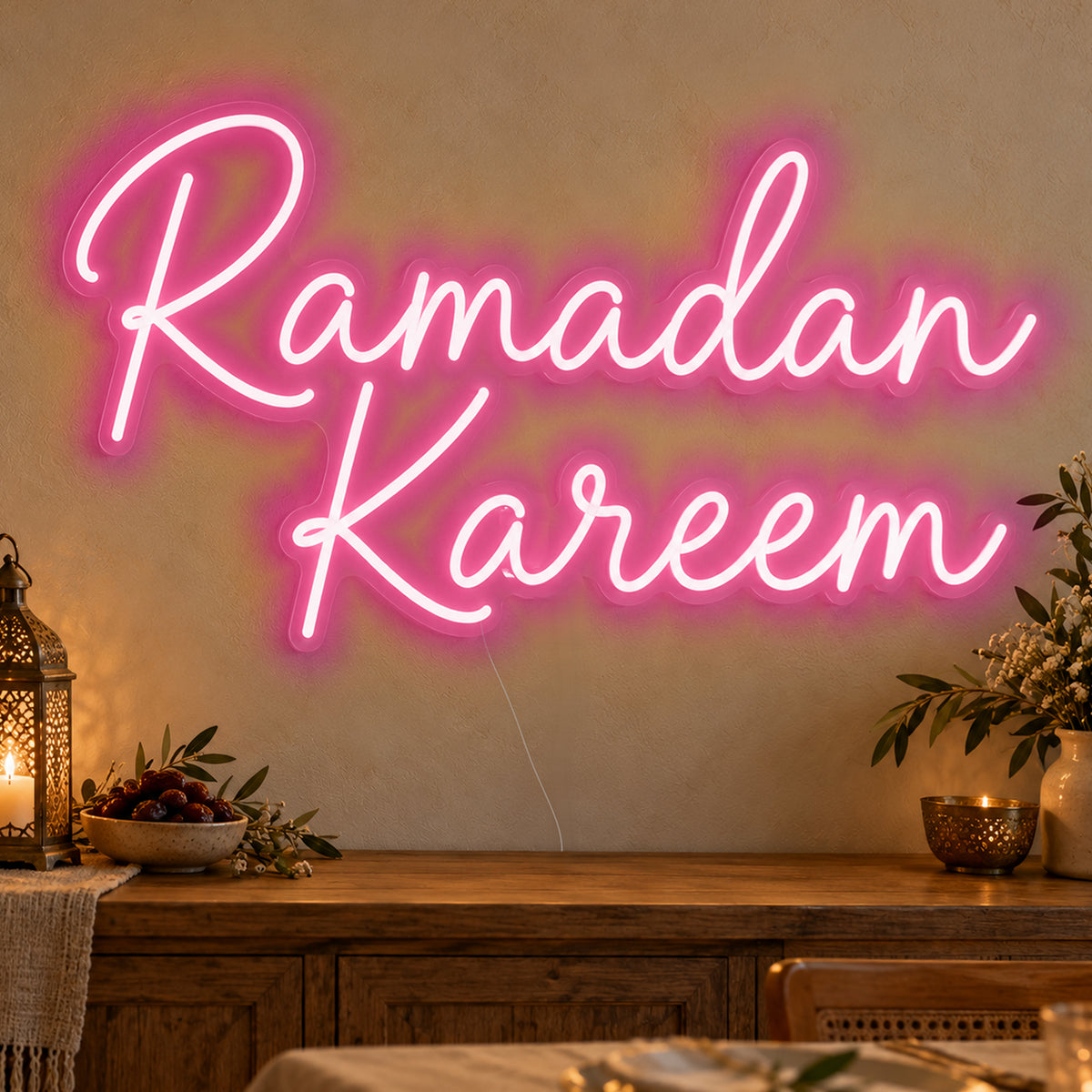 Ramadan Kareem Neon Sign in rose red LED neon on clear acrylic, angled view