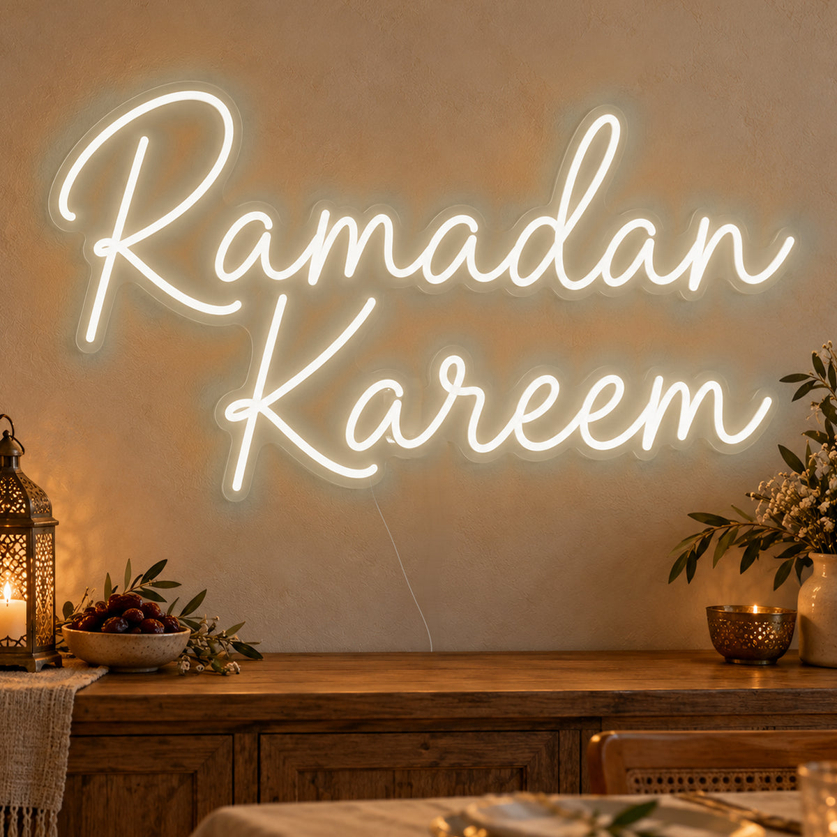 Ramadan Kareem Neon Sign in warm white LED neon on clear acrylic, angled view