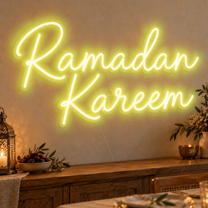 Ramadan Kareem Neon Sign in yellow LED neon on clear acrylic, angled view
